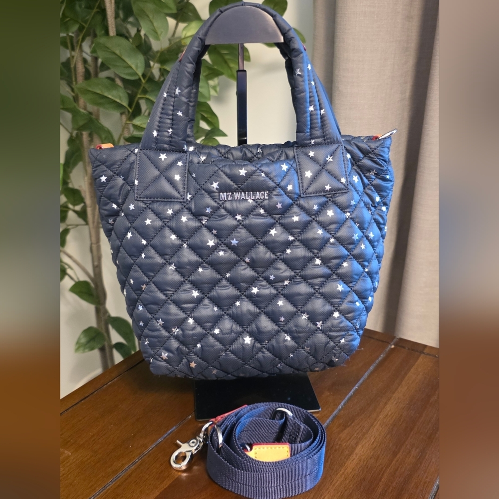 MZ WALLACE Mini Metro Tote Deluxe Navy Star Quilted